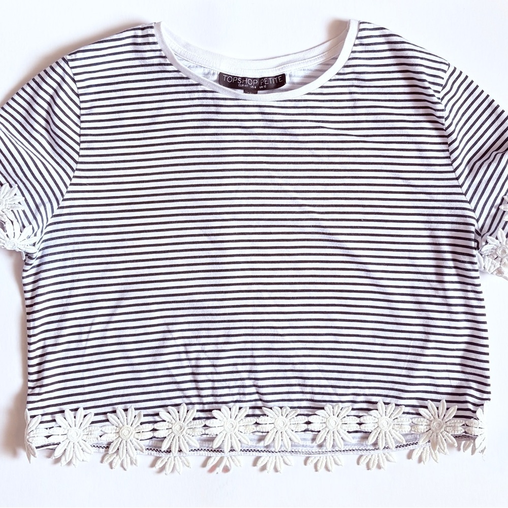 Topshop Navy Blue and White Embellished Crop Tee